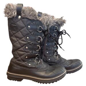 Sorel Waterproof Black Duck Boots Faux Fur Lace Up Tall Good Preowned Condition